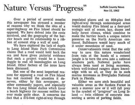 Suffolk County News editorial against the road by Joe Jahn.